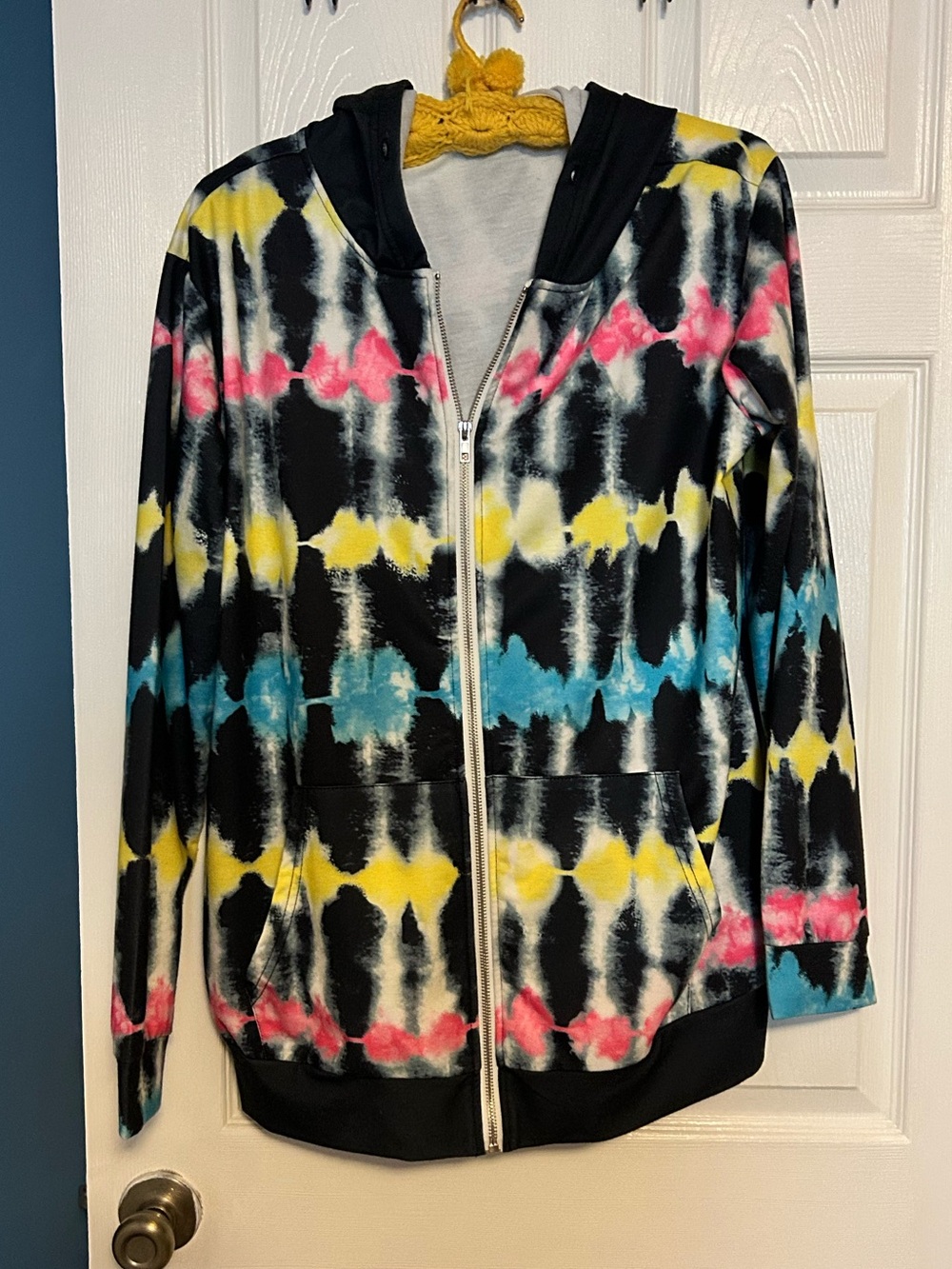 Tie-Dye Zip Hoodie Jacket - Black with Pink, Yellow & Blue